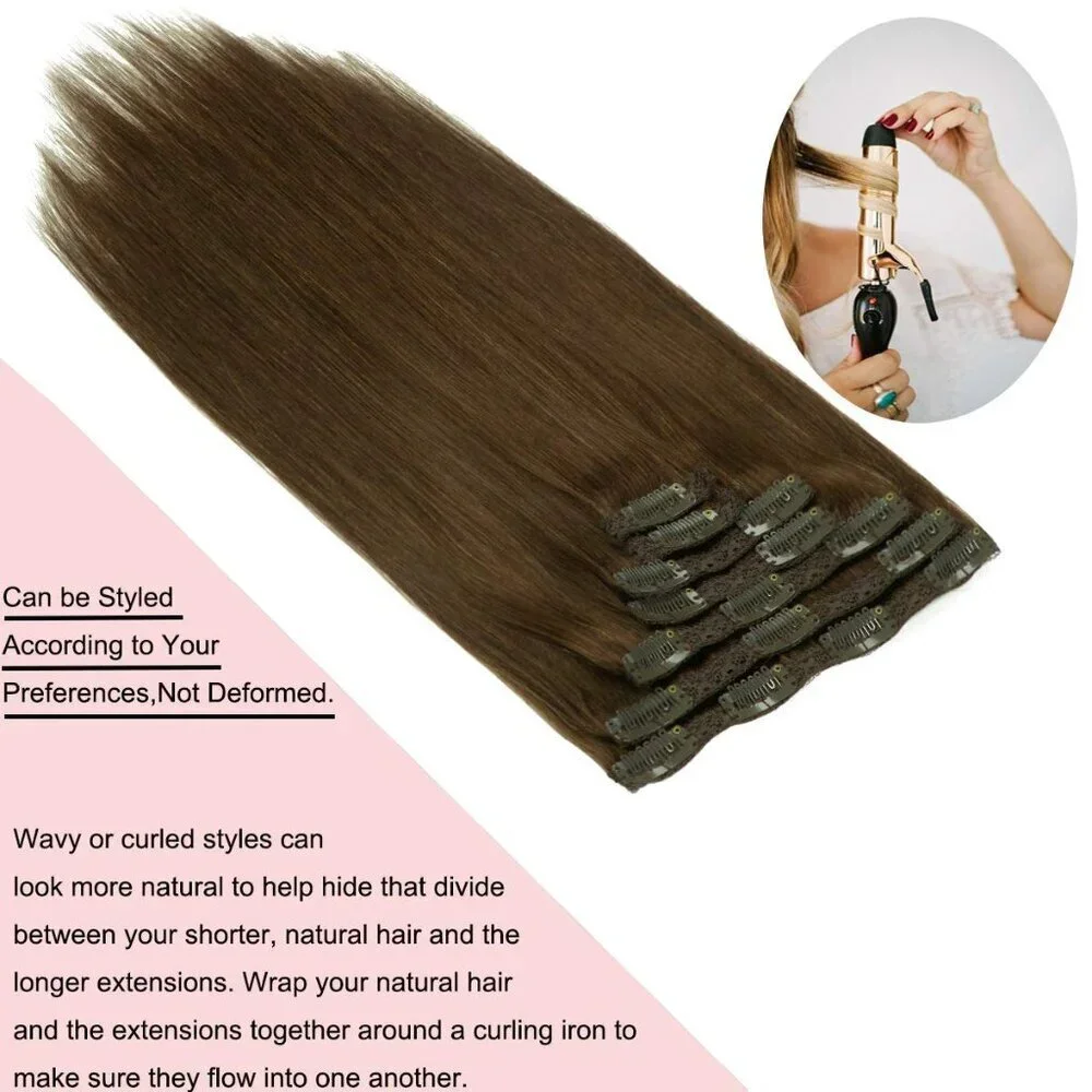 Clip in Hair Extensions Human Hair 18 Inches Thick Straight Brown 7pcs